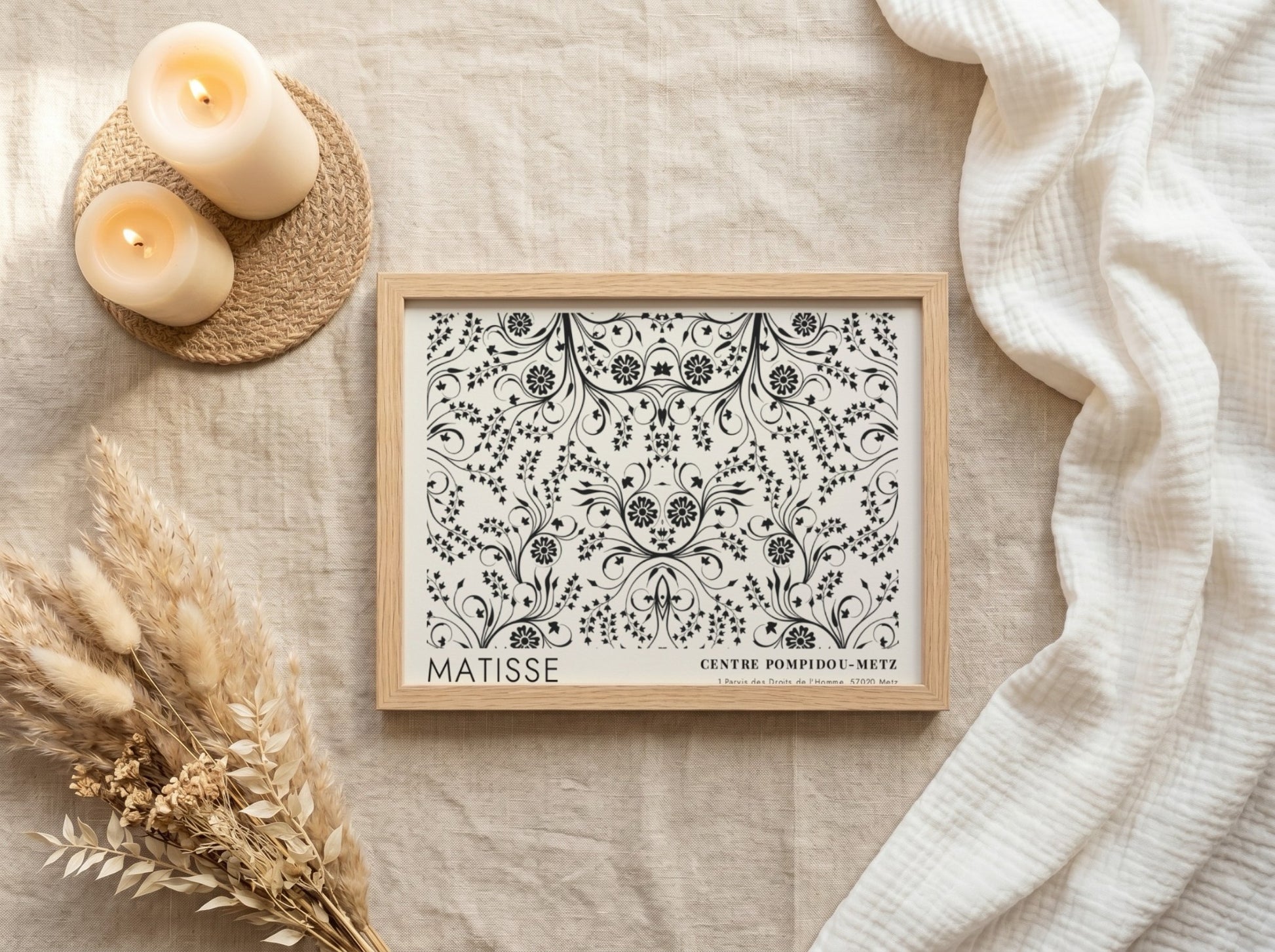 Henri Matisse poster featuring fuchsia blossoms and vines in black and white design