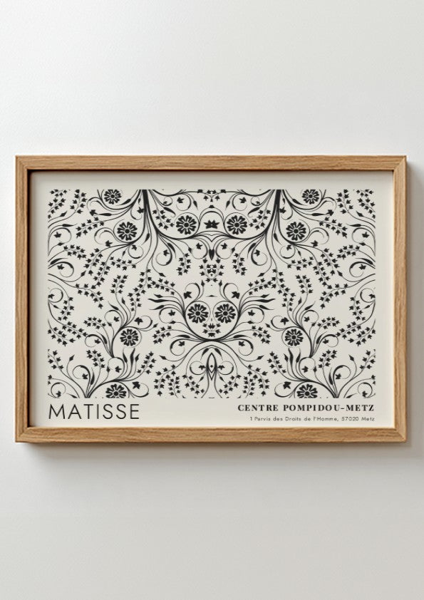 Fuchsia Blossoms on the Vine poster featuring intricate floral patterns in black and white, elegant wall art