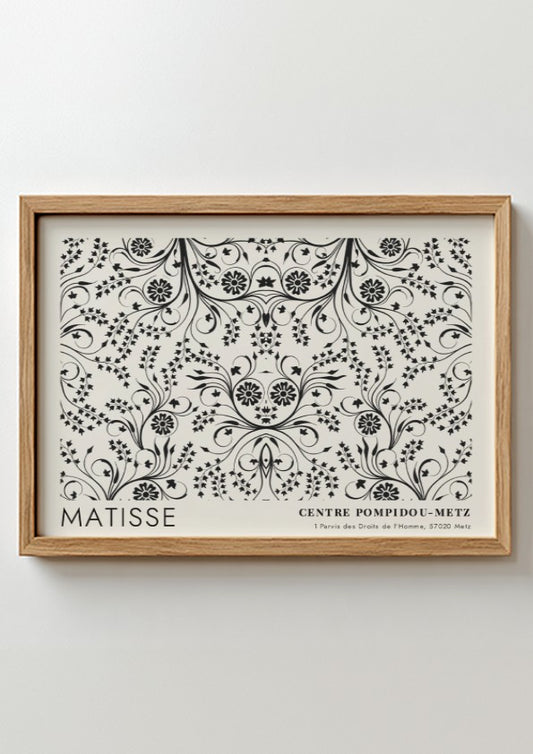 Fuchsia Blossoms on the Vine poster featuring intricate floral patterns in black and white, elegant wall art