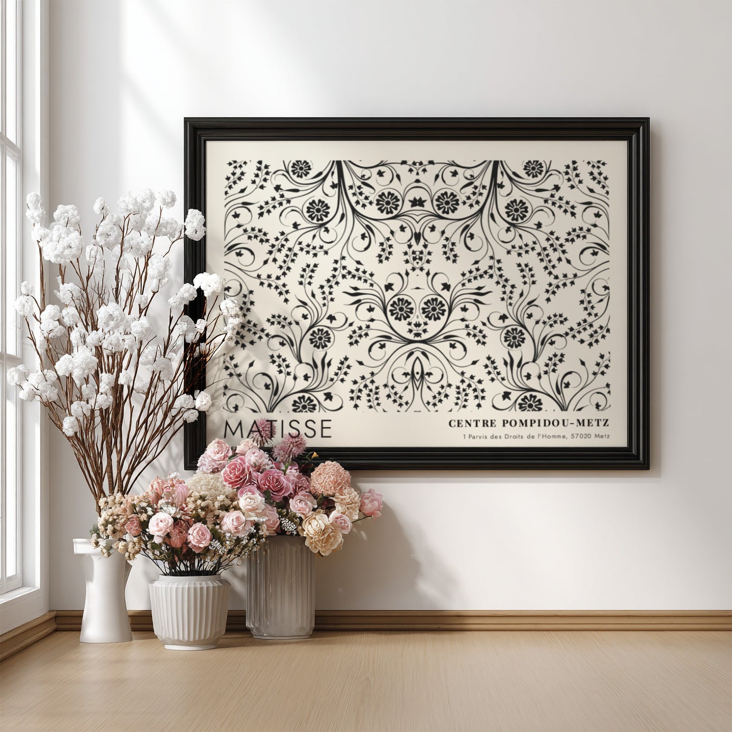 Henri Matisse poster featuring fuchsia blossoms and vines in black and white design
