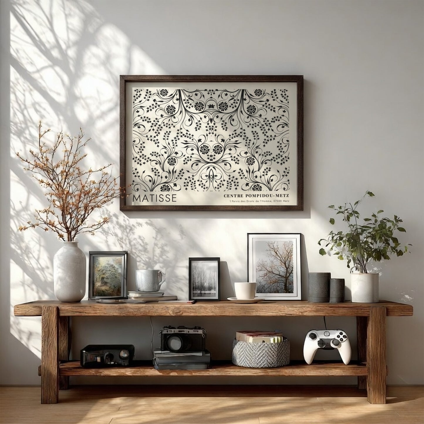 Henri Matisse poster featuring fuchsia blossoms and vines in black and white design