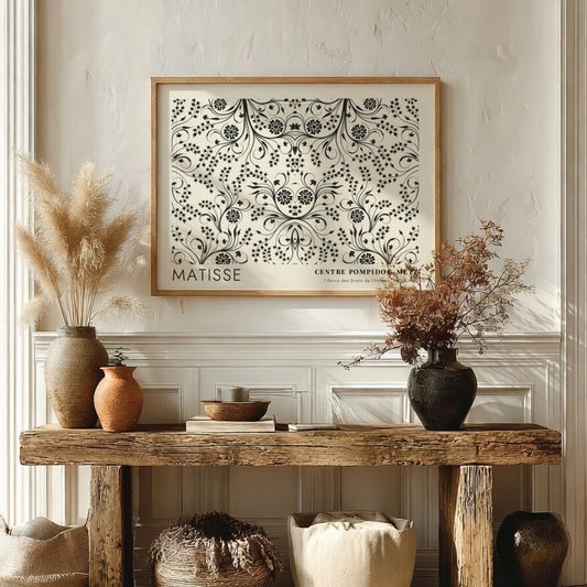 Fuchsia Blossoms on the Vine poster featuring intricate floral patterns in black and white, elegant wall art