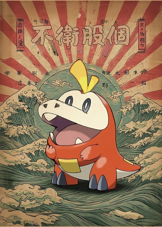 Cartoon character with a retro design, featuring a wave and traditional Japanese elements.