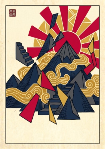 Fuji Abstract Pattern Poster showcasing geometric shapes in red, gold, and blue, inspired by Japanese art