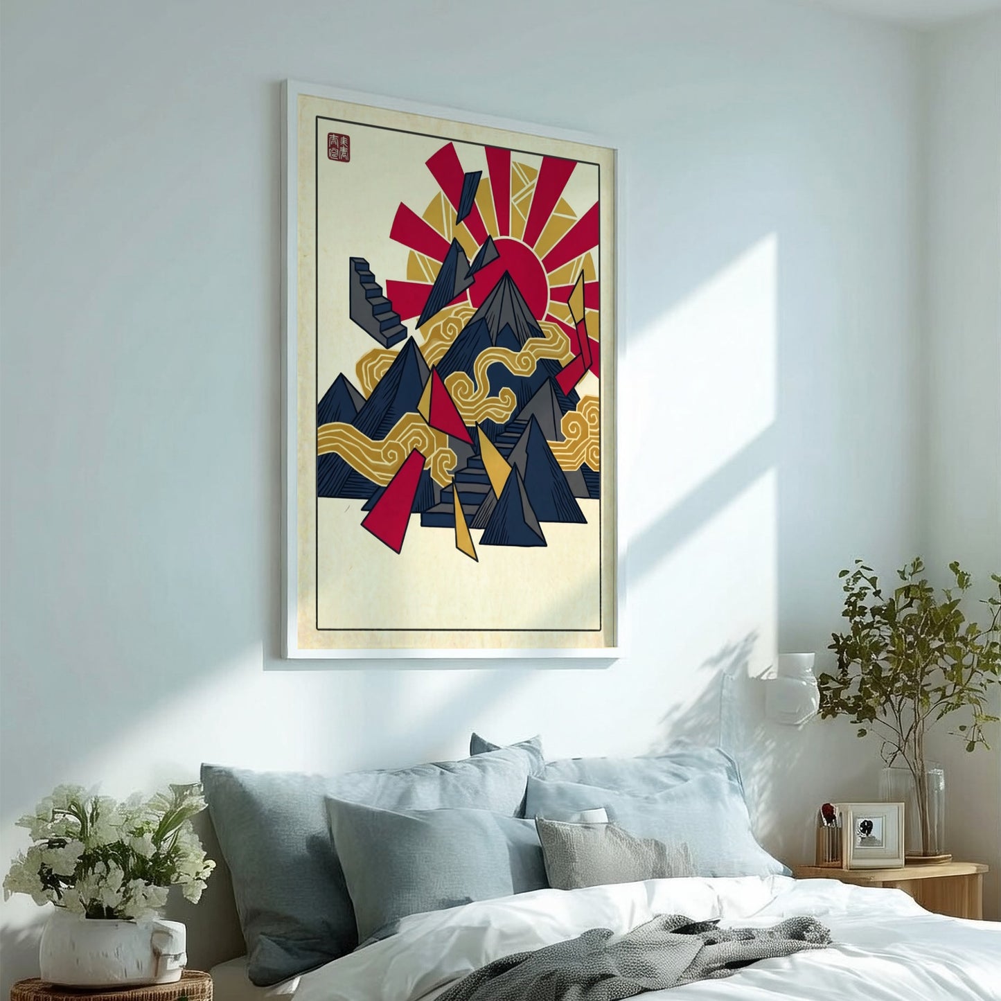Fuji Abstract Pattern Poster showcasing geometric shapes in red, gold, and blue, inspired by Japanese art