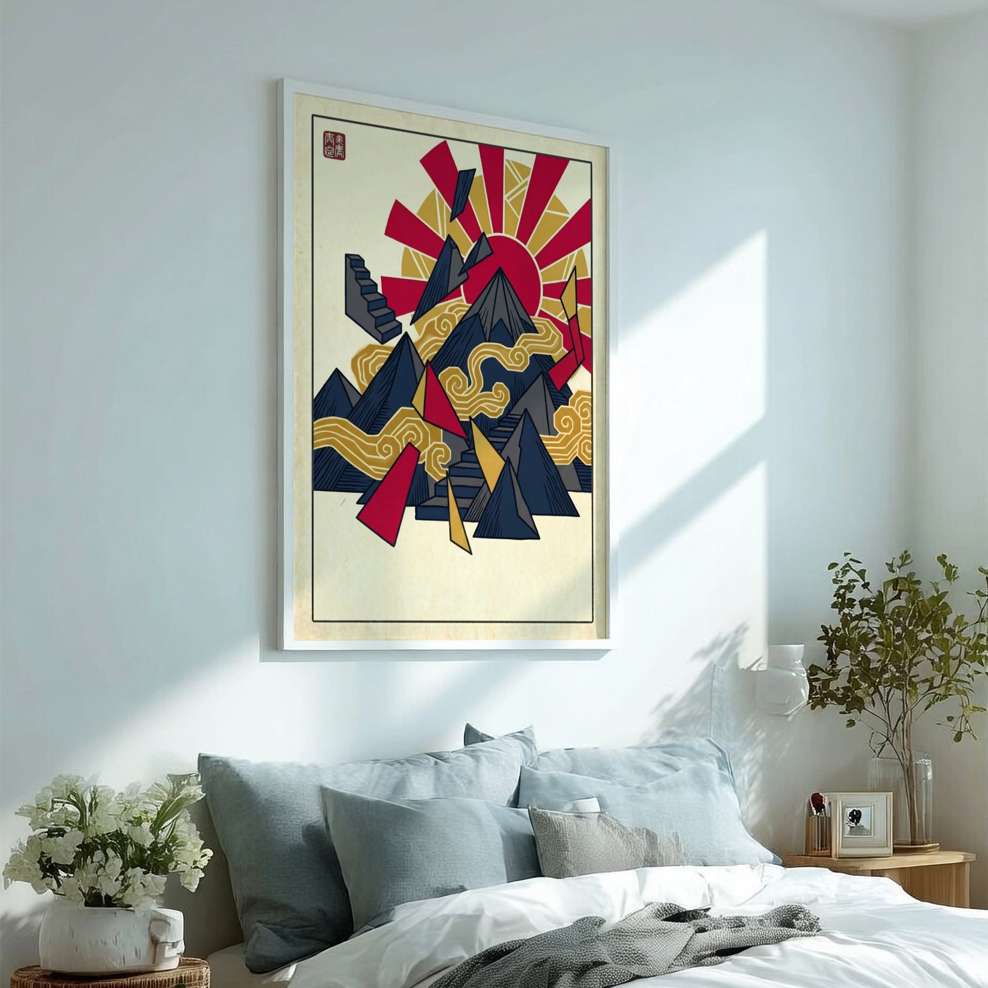 Fuji Abstract Pattern Poster showcasing geometric shapes in red, gold, and blue, inspired by Japanese art