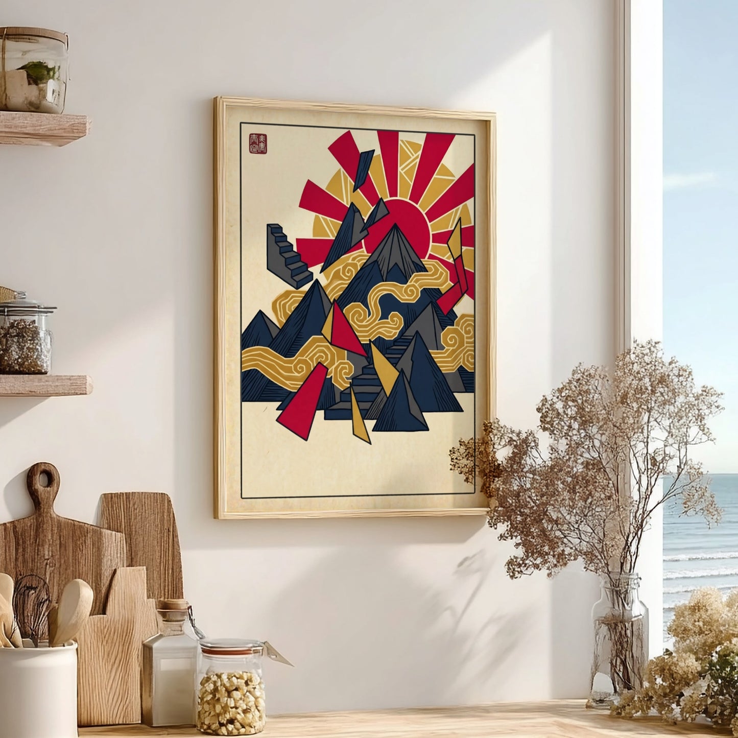 Fuji Abstract Pattern Poster showcasing geometric shapes in red, gold, and blue, inspired by Japanese art