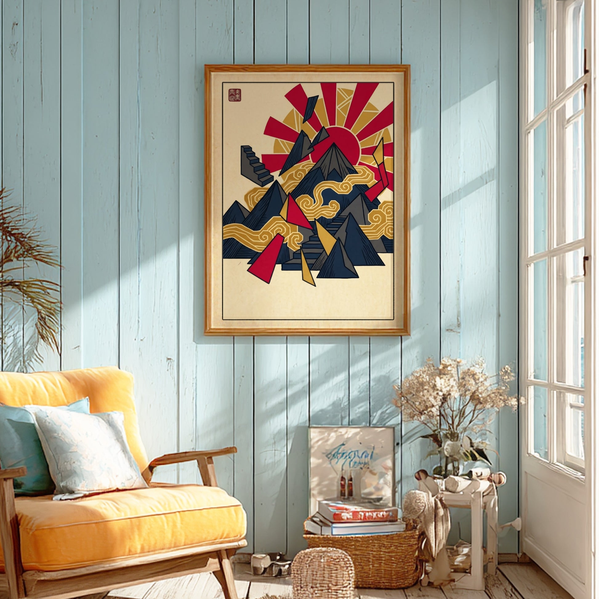 Fuji Abstract Pattern Poster showcasing geometric shapes in red, gold, and blue, inspired by Japanese art