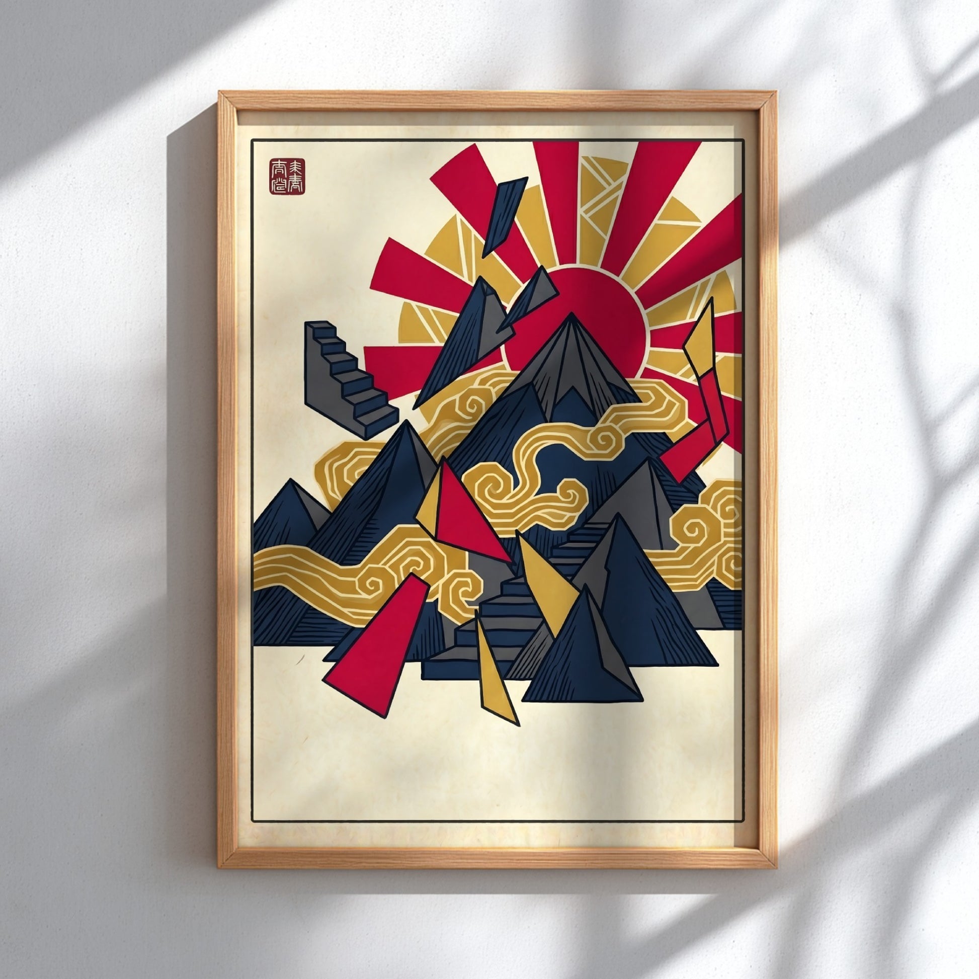 Fuji Abstract Pattern Poster showcasing geometric shapes in red, gold, and blue, inspired by Japanese art