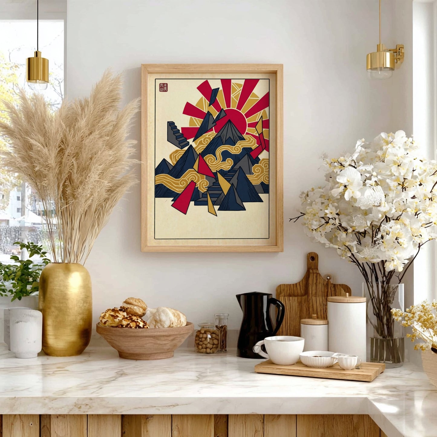 Fuji Abstract Pattern Poster showcasing geometric shapes in red, gold, and blue, inspired by Japanese art