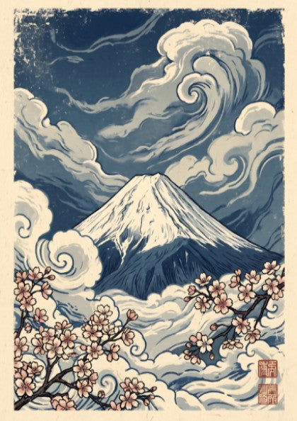 Japanese art style poster featuring Mount Fuji and cherry blossoms in blue and pink tones