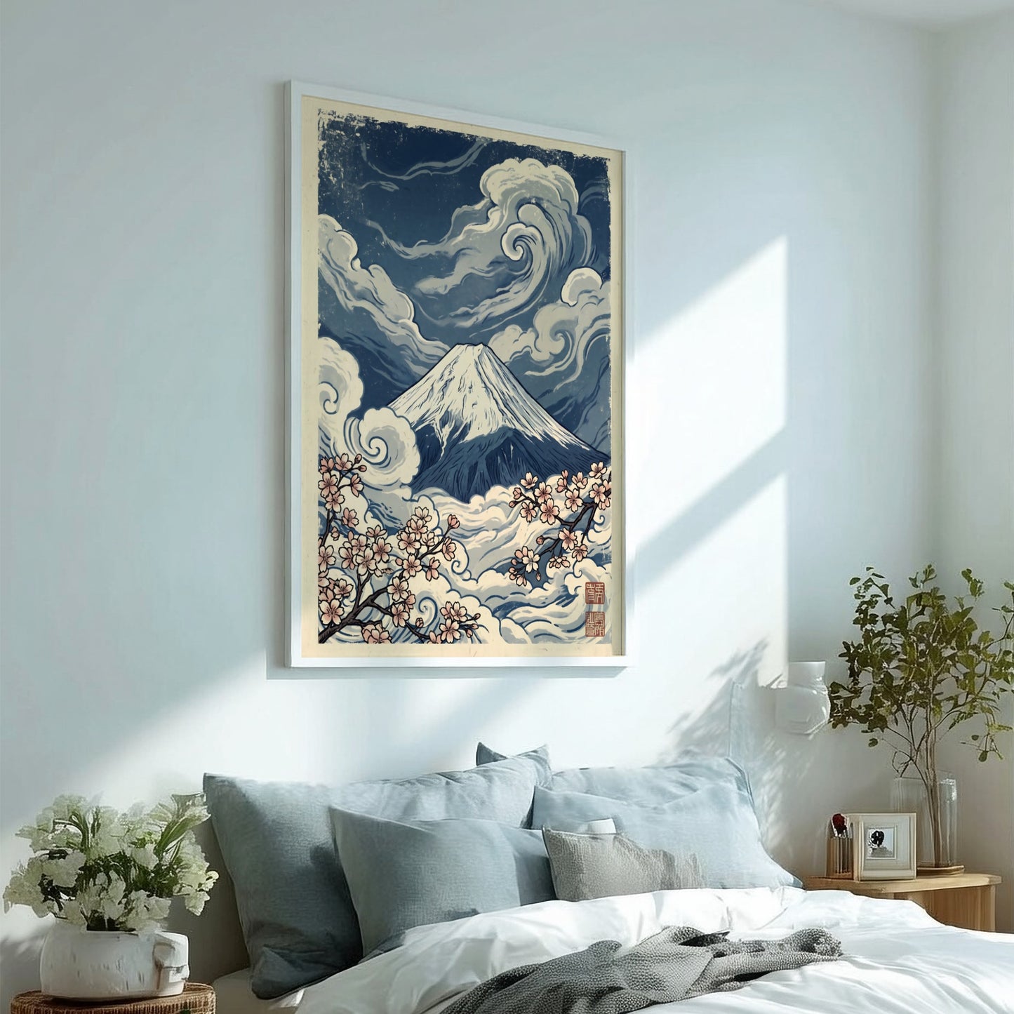 Japanese art style poster featuring Mount Fuji and cherry blossoms in blue and pink tones