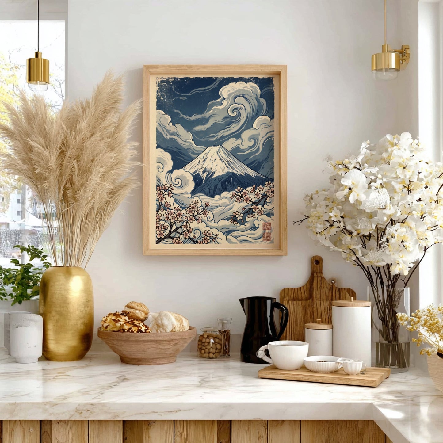 Japanese art style poster featuring Mount Fuji and cherry blossoms in blue and pink tones