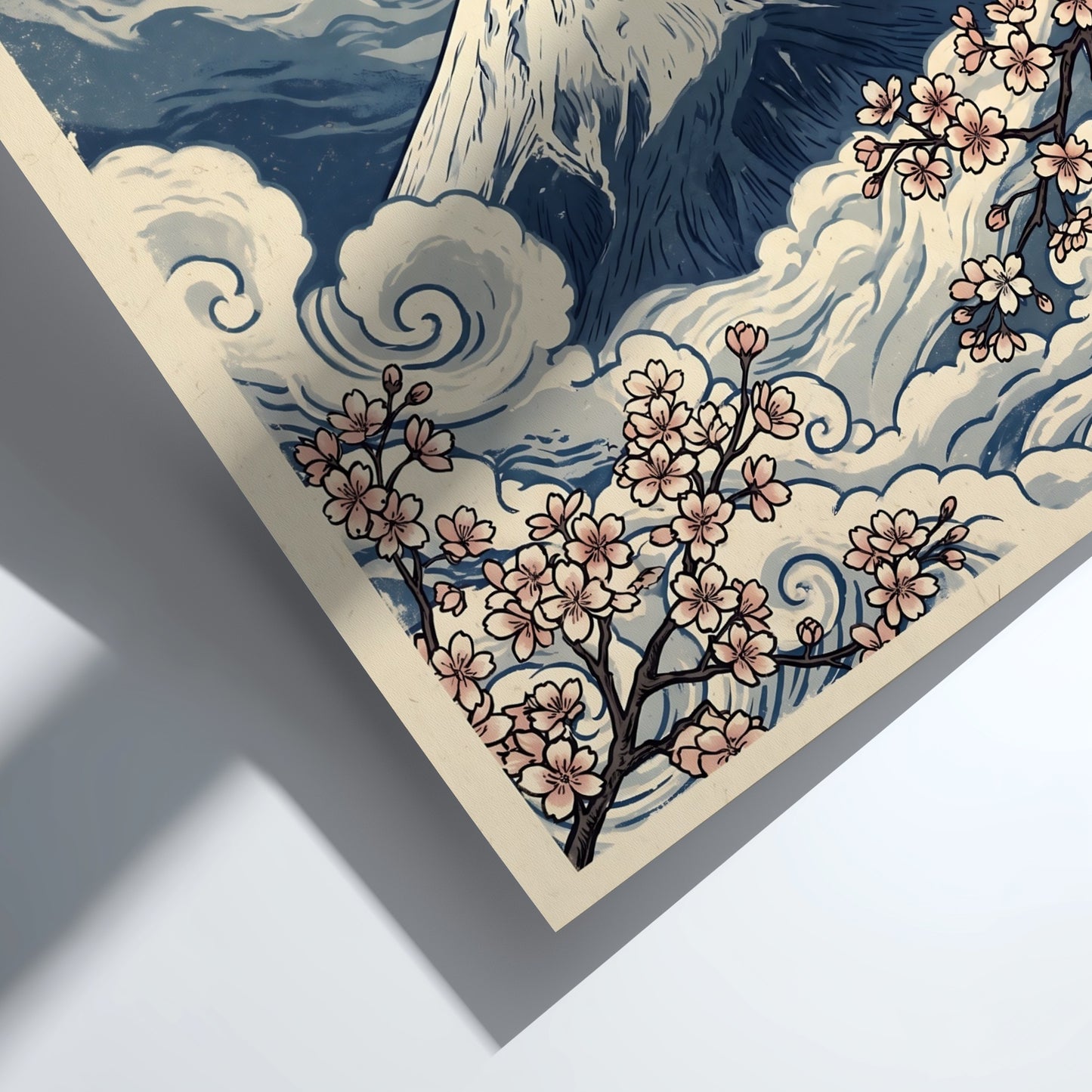 Japanese art style poster featuring Mount Fuji and cherry blossoms in blue and pink tones