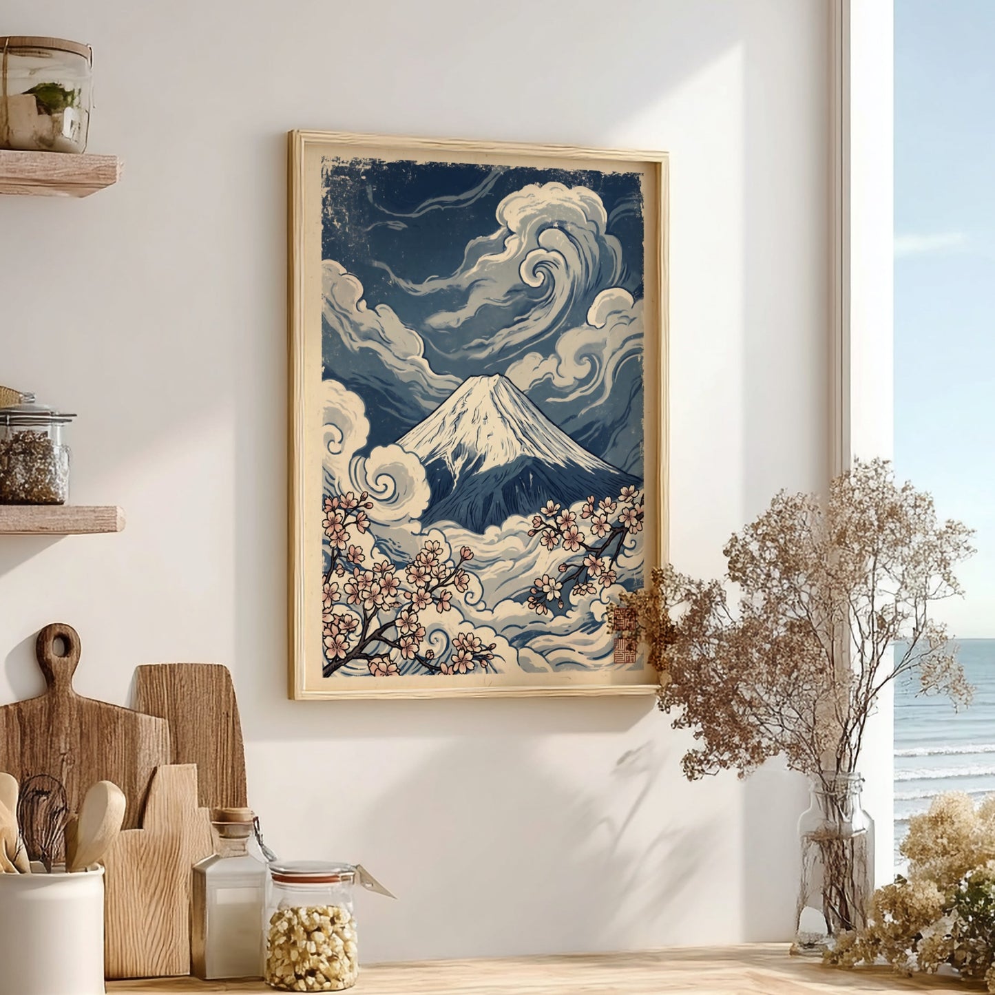 Japanese art style poster featuring Mount Fuji and cherry blossoms in blue and pink tones