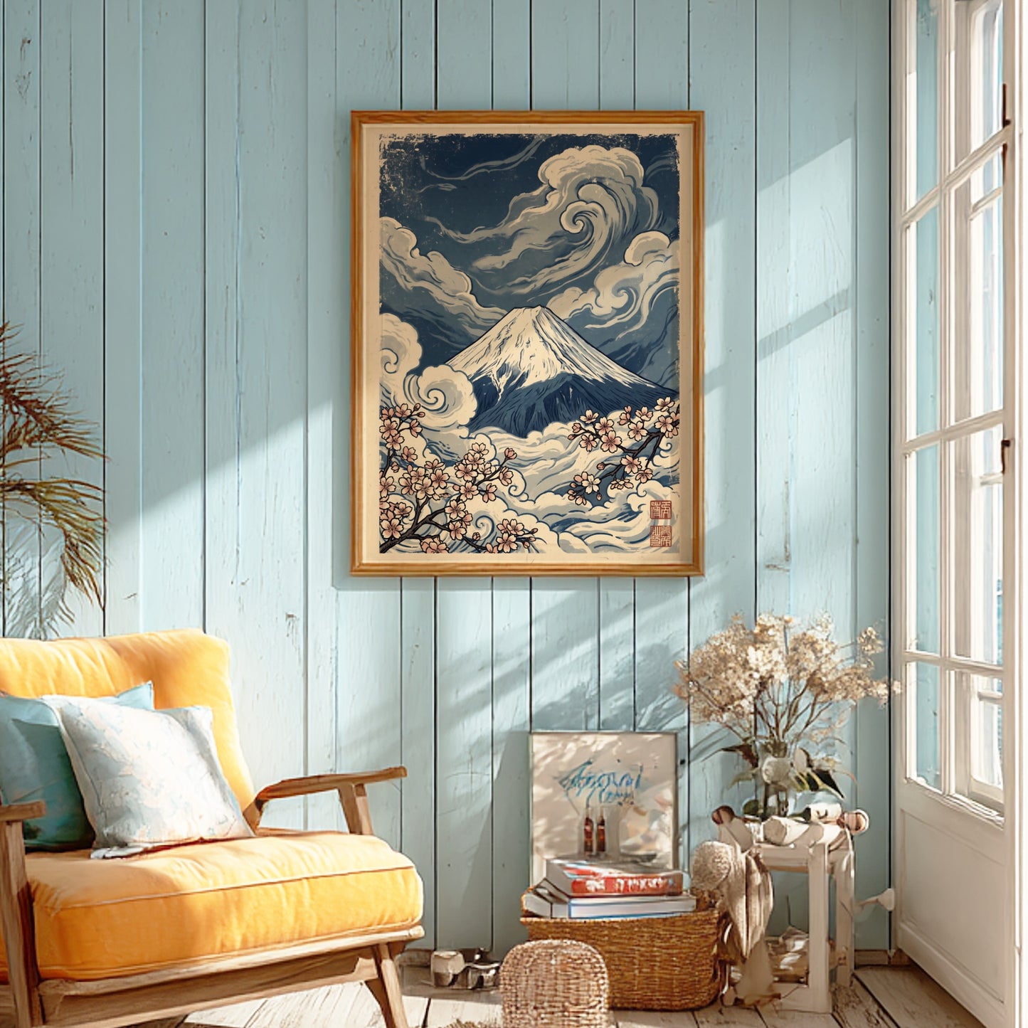 Japanese art style poster featuring Mount Fuji and cherry blossoms in blue and pink tones