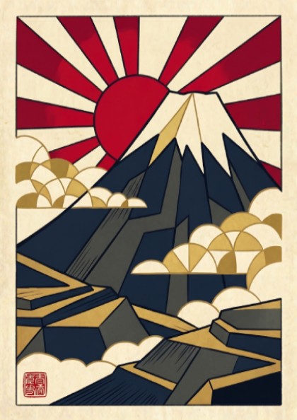 Japanese art style poster featuring Mount Fuji in geometric design with red and gold colors