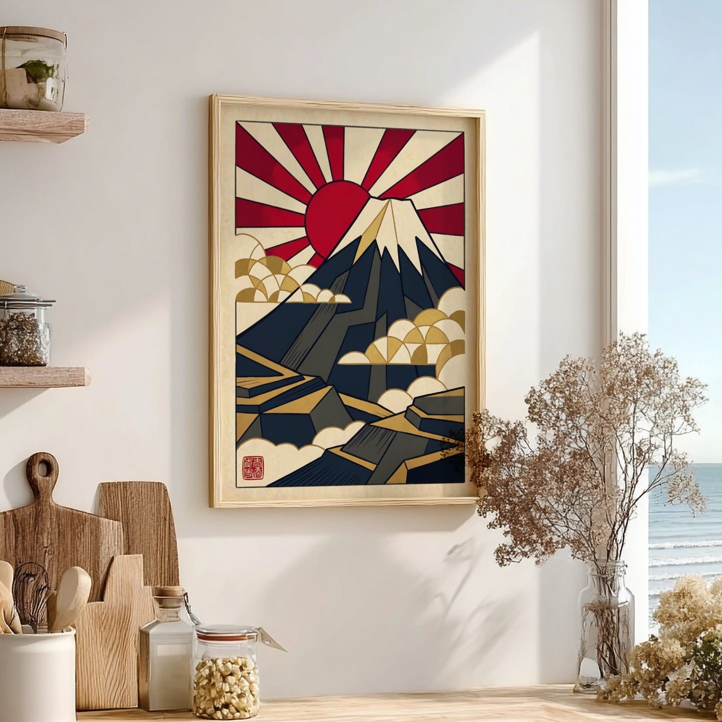 Japanese art style poster featuring Mount Fuji in geometric design with red and gold colors