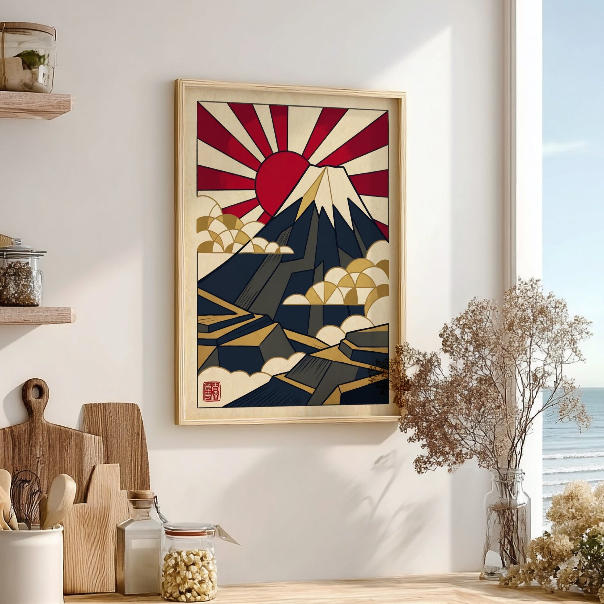 Japanese art style poster featuring Mount Fuji in geometric design with red and gold colors