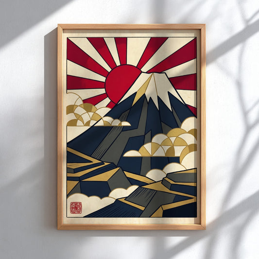 Japanese art style poster featuring Mount Fuji in geometric design with red and gold colors