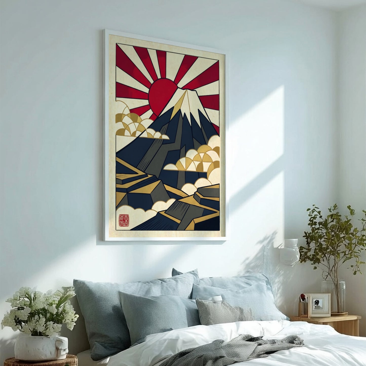 Japanese art style poster featuring Mount Fuji in geometric design with red and gold colors