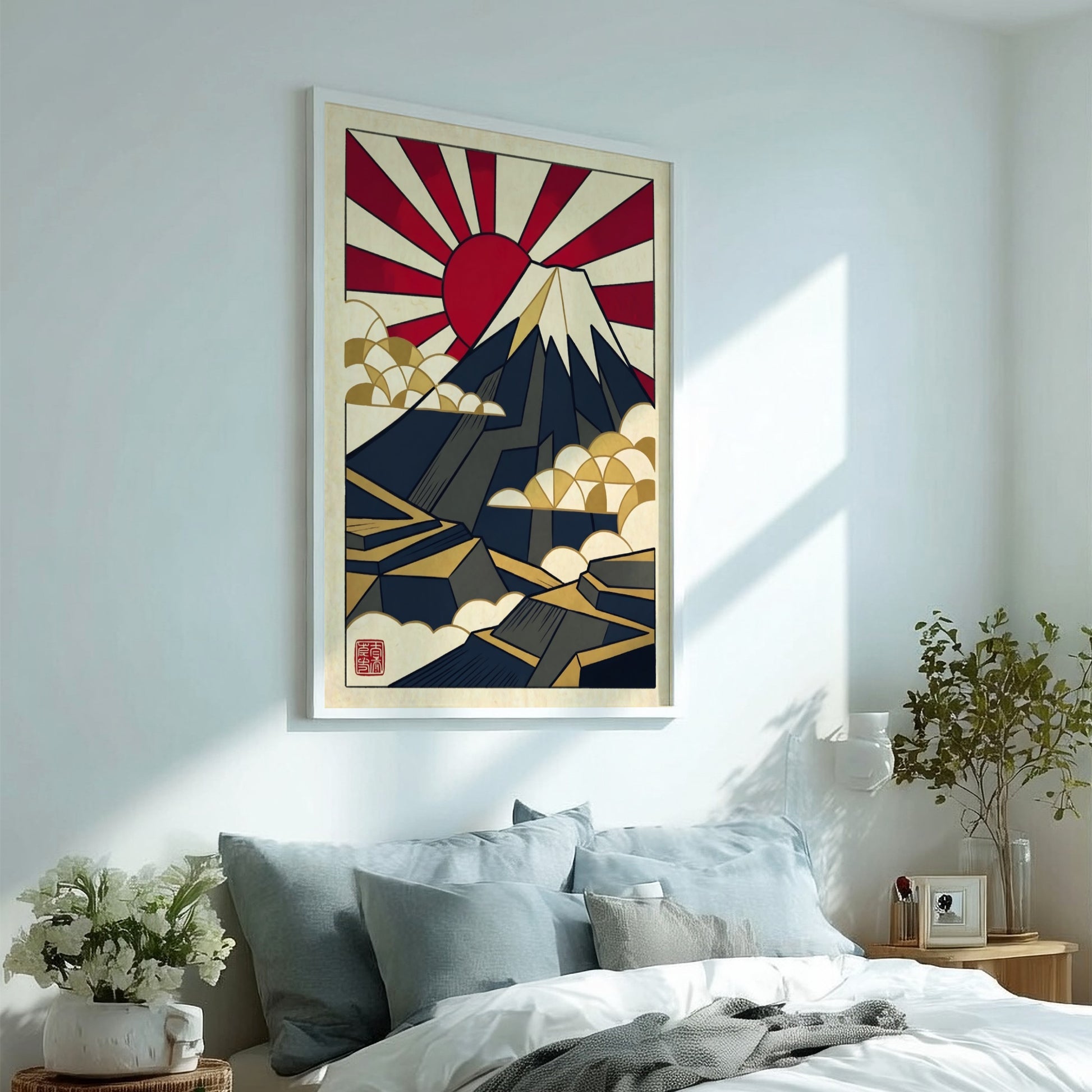Japanese art style poster featuring Mount Fuji in geometric design with red and gold colors