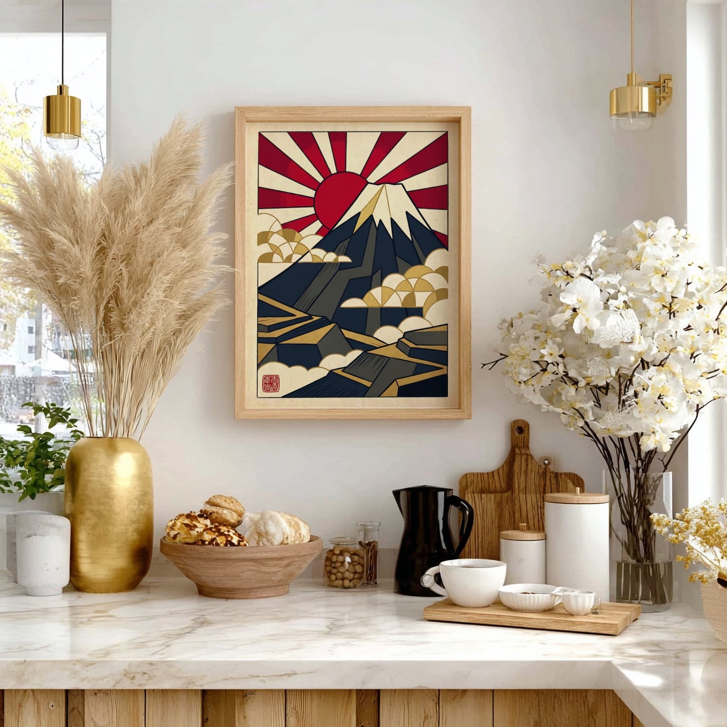 Japanese art style poster featuring Mount Fuji in geometric design with red and gold colors