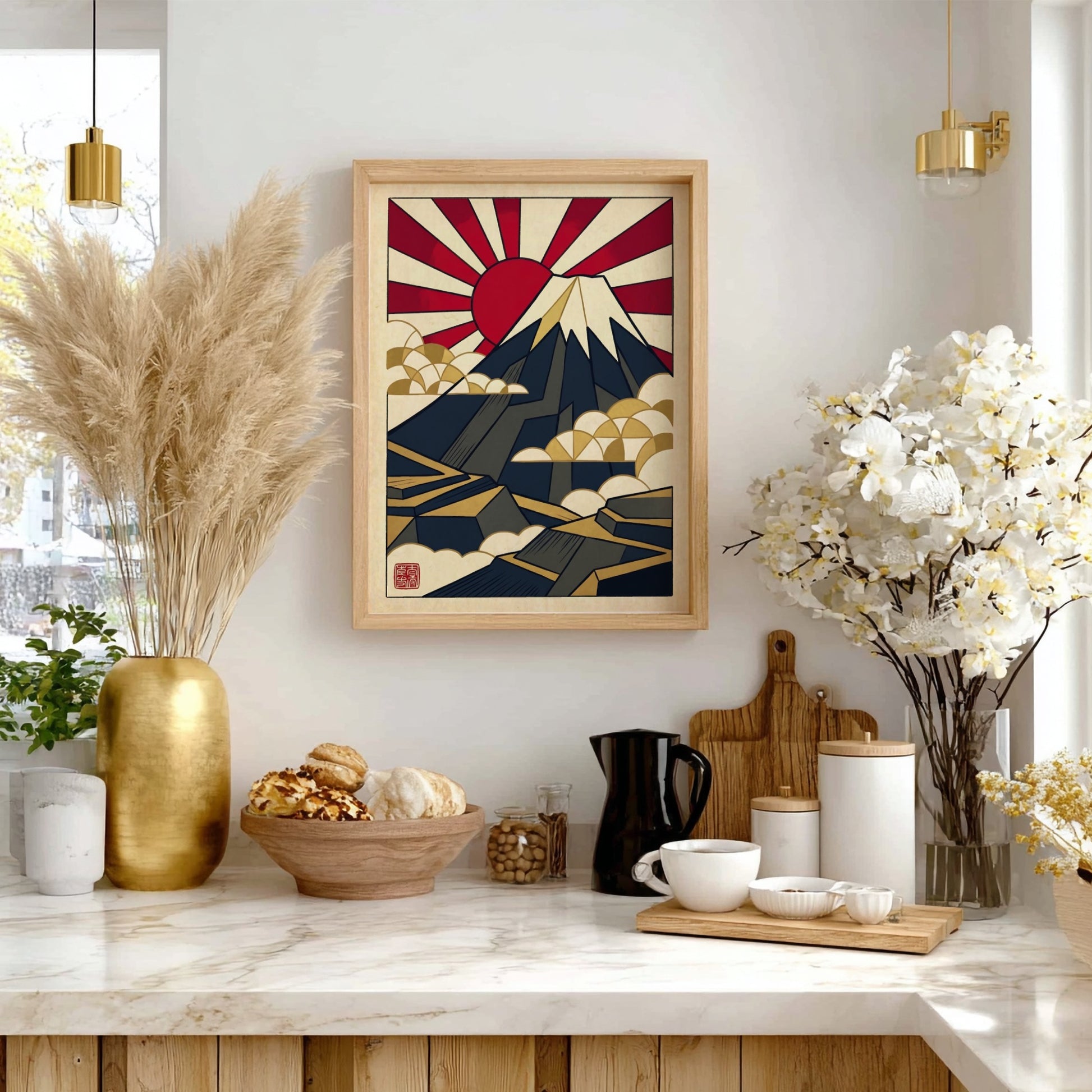 Japanese art style poster featuring Mount Fuji in geometric design with red and gold colors