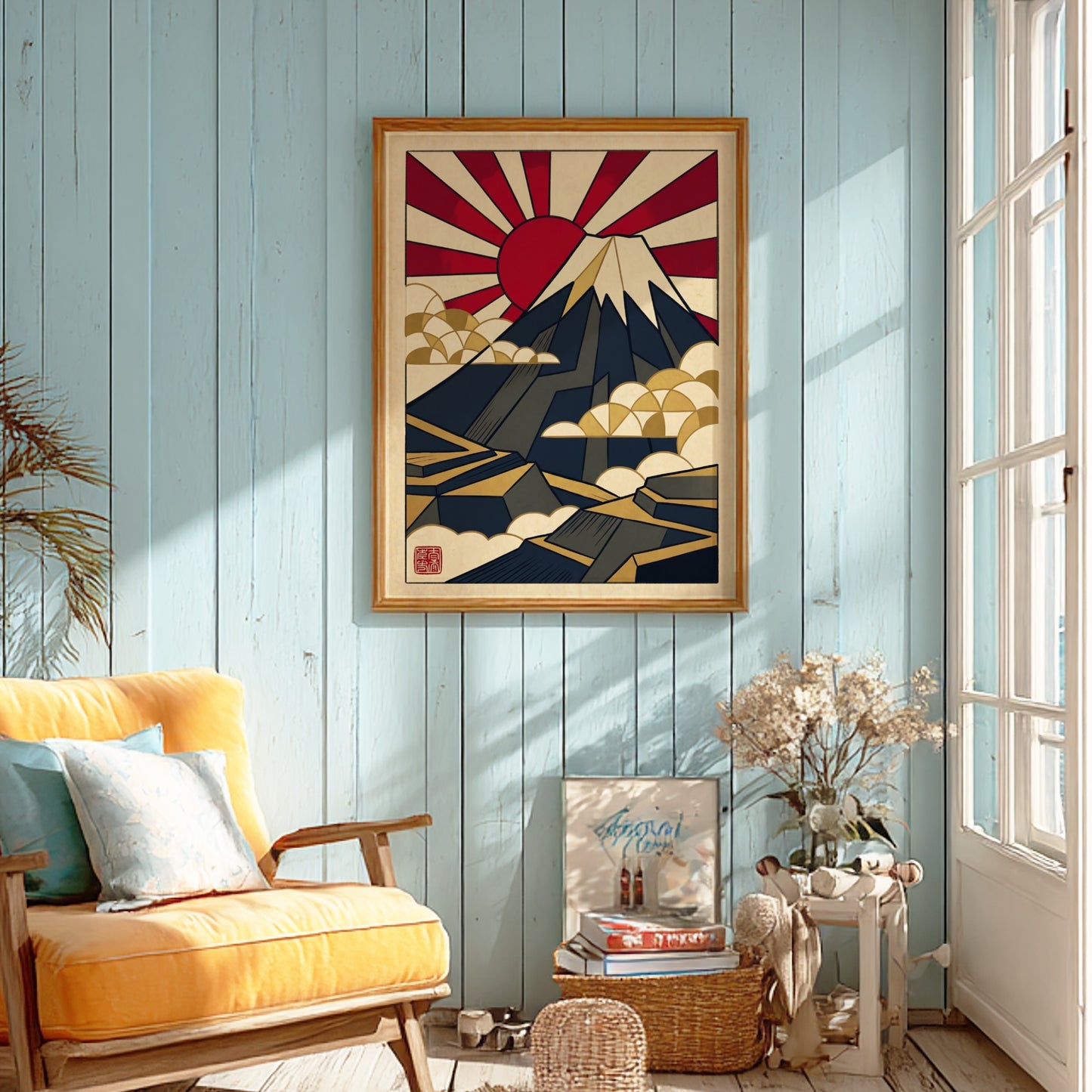 Japanese art style poster featuring Mount Fuji in geometric design with red and gold colors