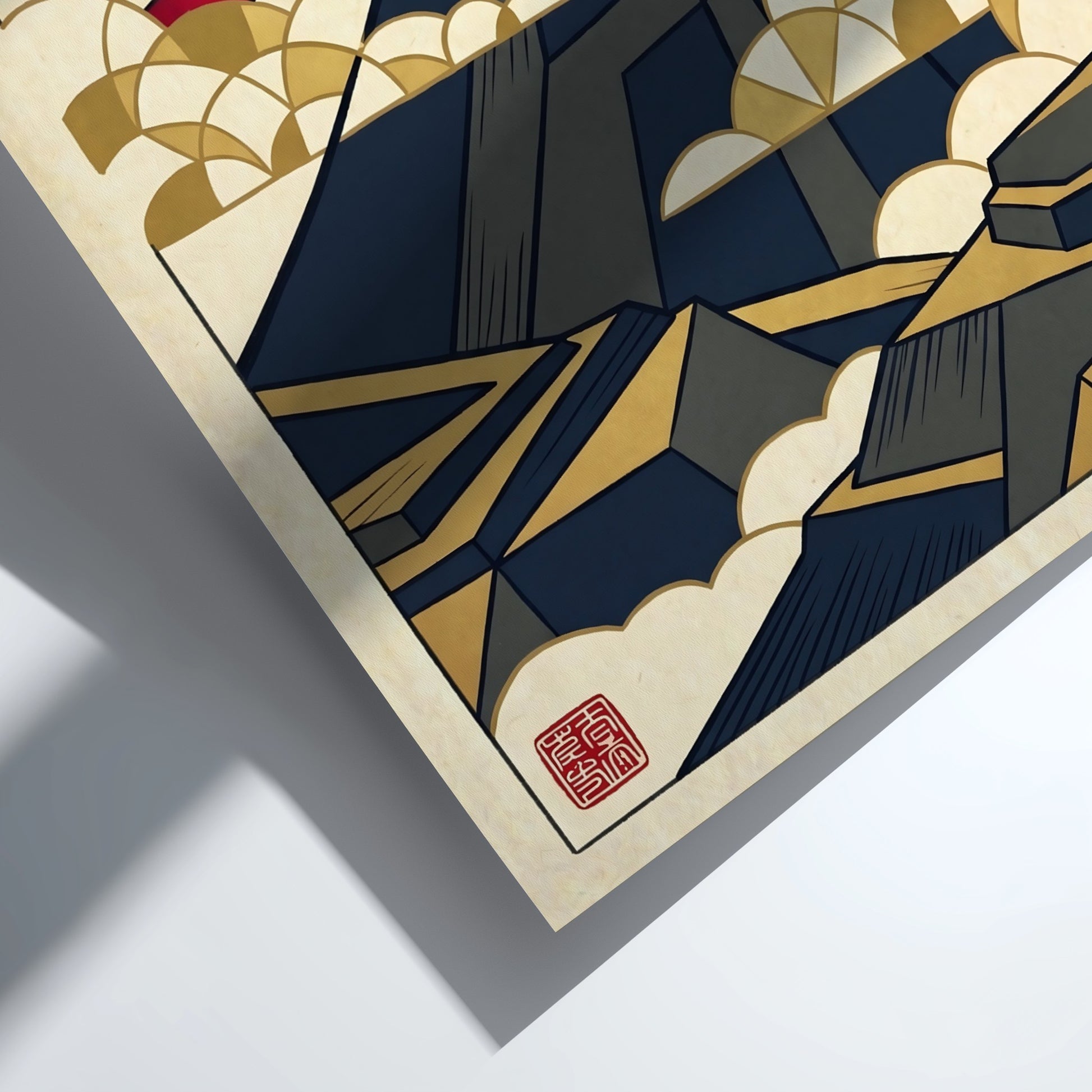 Japanese art style poster featuring Mount Fuji in geometric design with red and gold colors