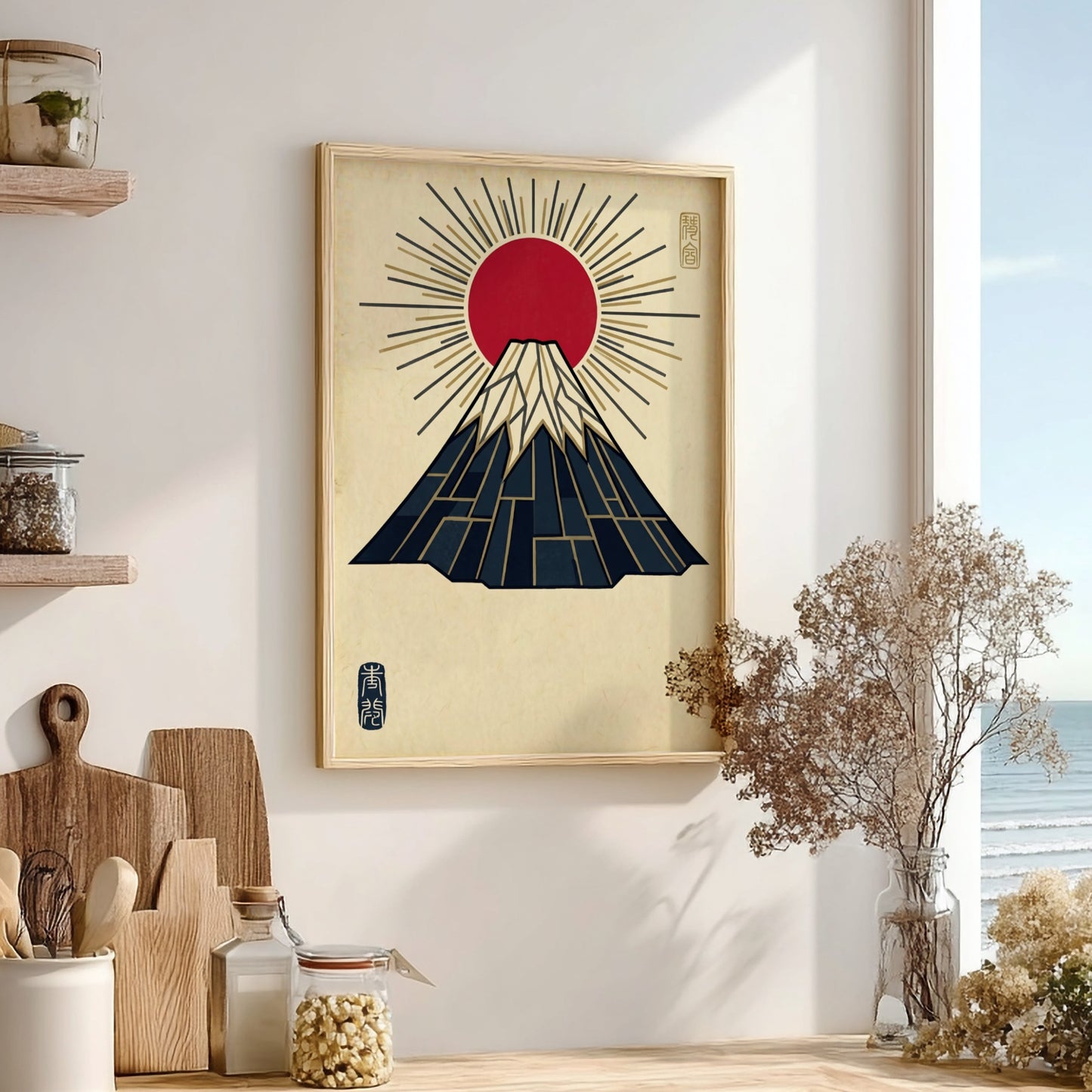 Mount Fuji poster featuring geometric lines and gold rays in Japanese art style