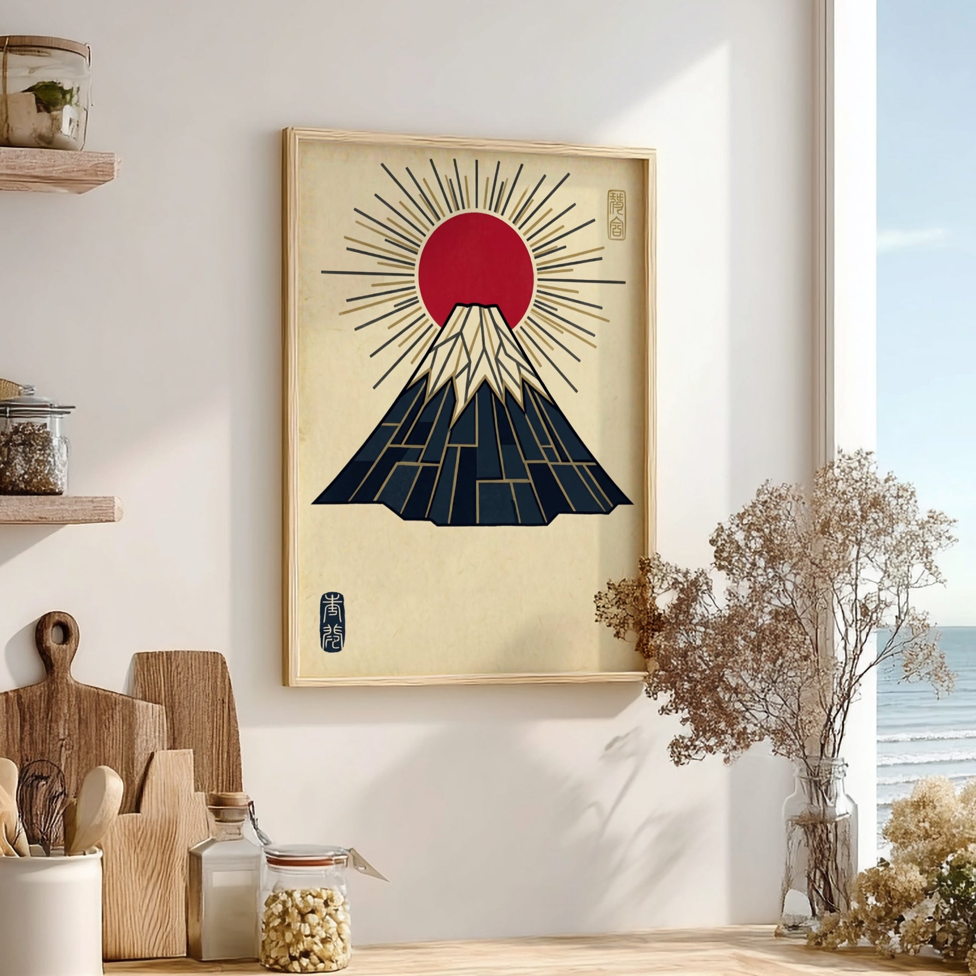 Mount Fuji poster featuring geometric lines and gold rays in Japanese art style
