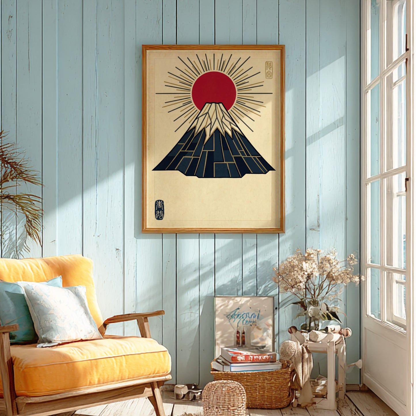 Mount Fuji poster featuring geometric lines and gold rays in Japanese art style