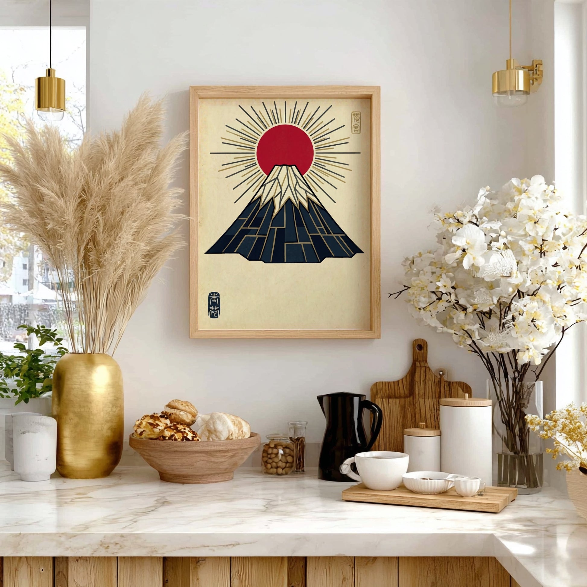 Mount Fuji poster featuring geometric lines and gold rays in Japanese art style