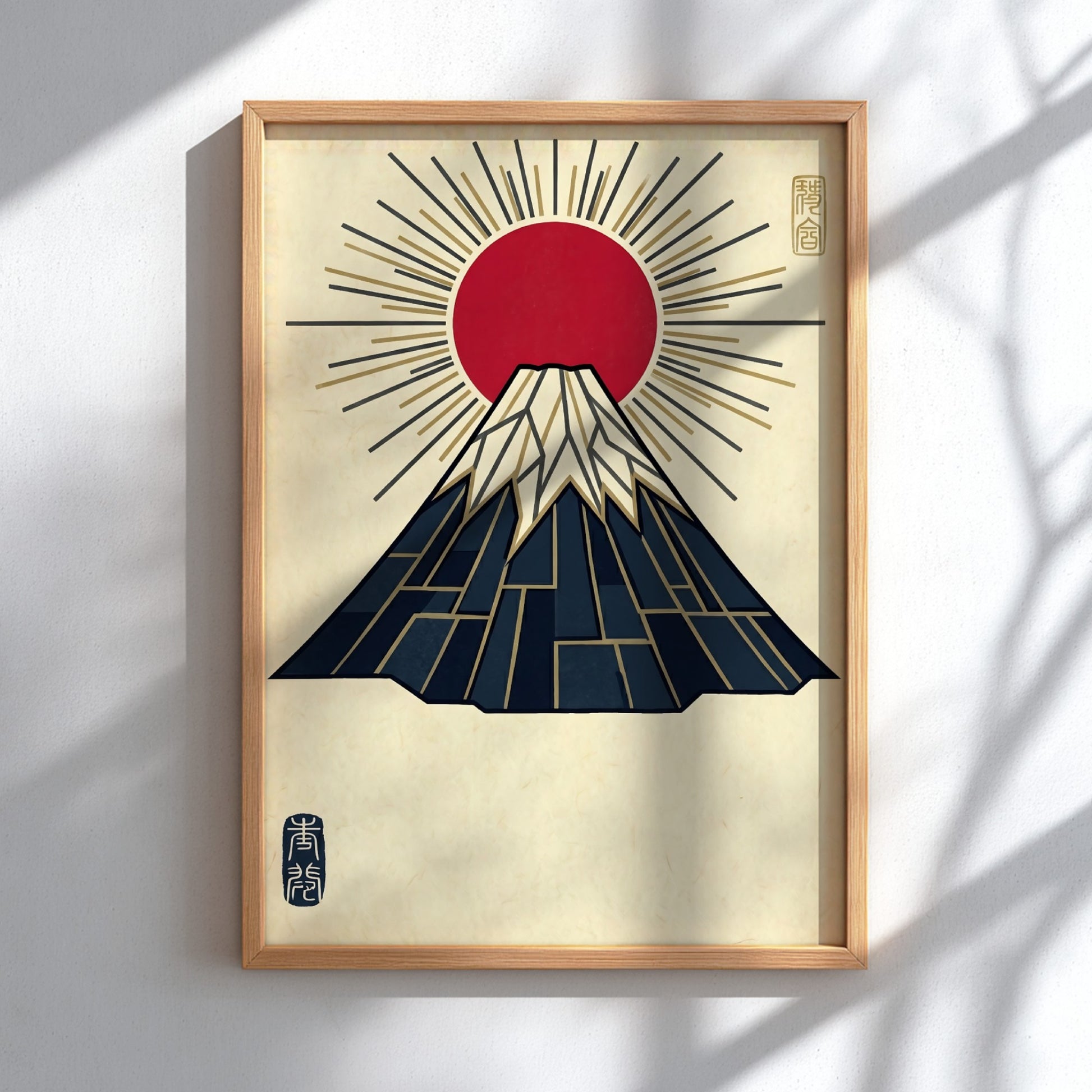 Mount Fuji poster featuring geometric lines and gold rays in Japanese art style