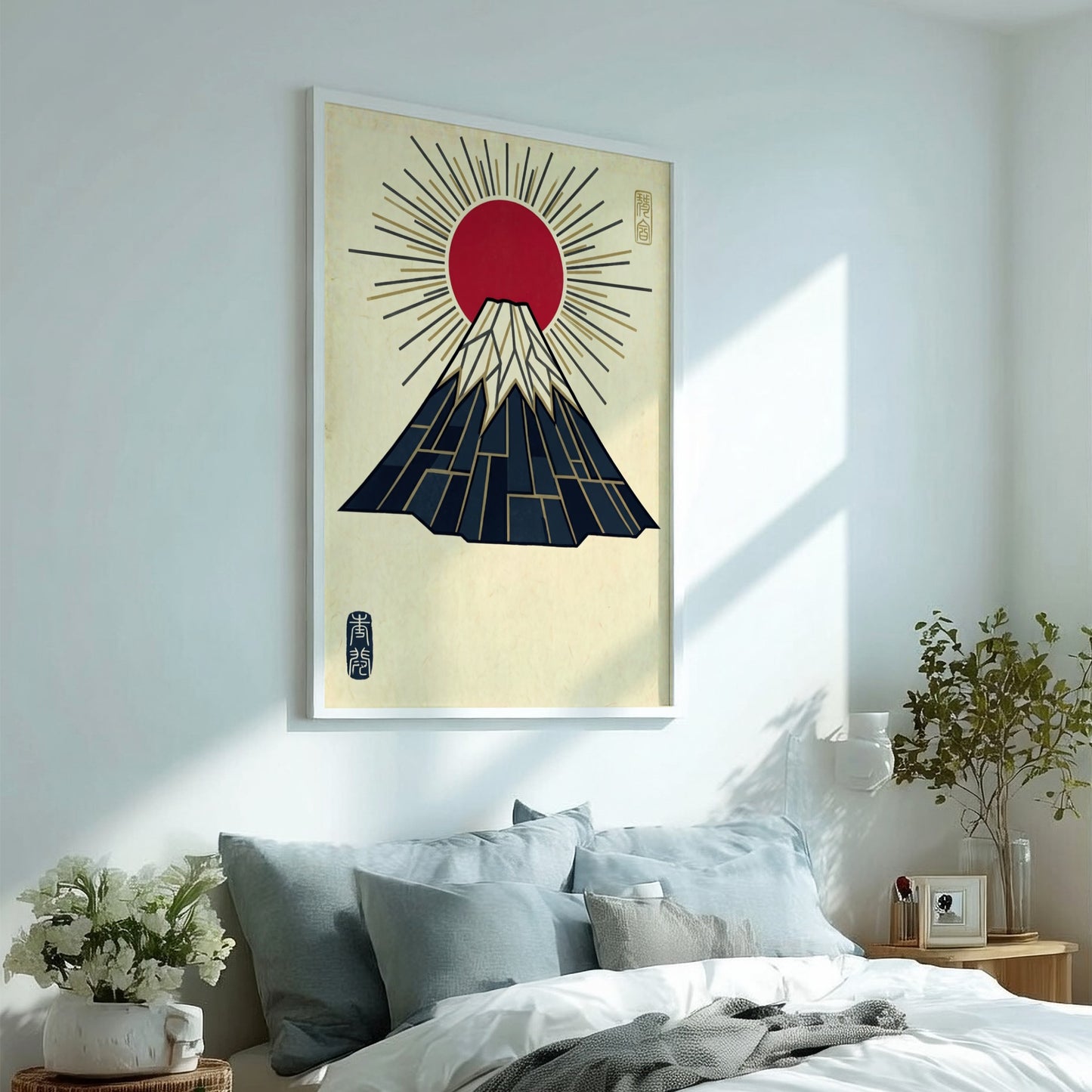 Mount Fuji poster featuring geometric lines and gold rays in Japanese art style