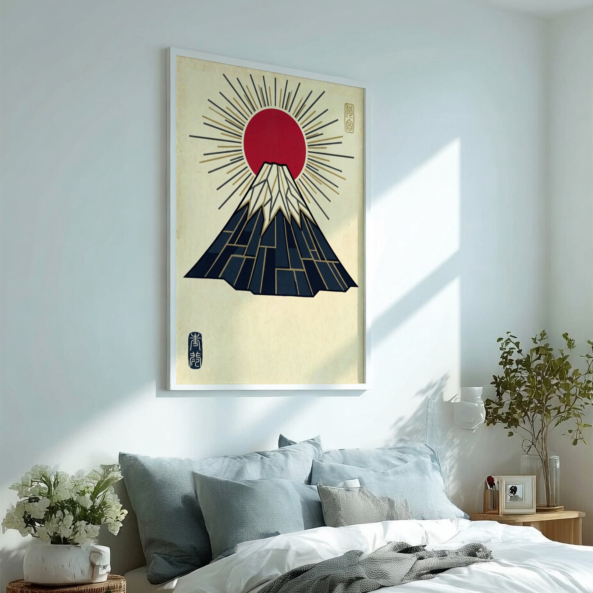 Mount Fuji poster featuring geometric lines and gold rays in Japanese art style