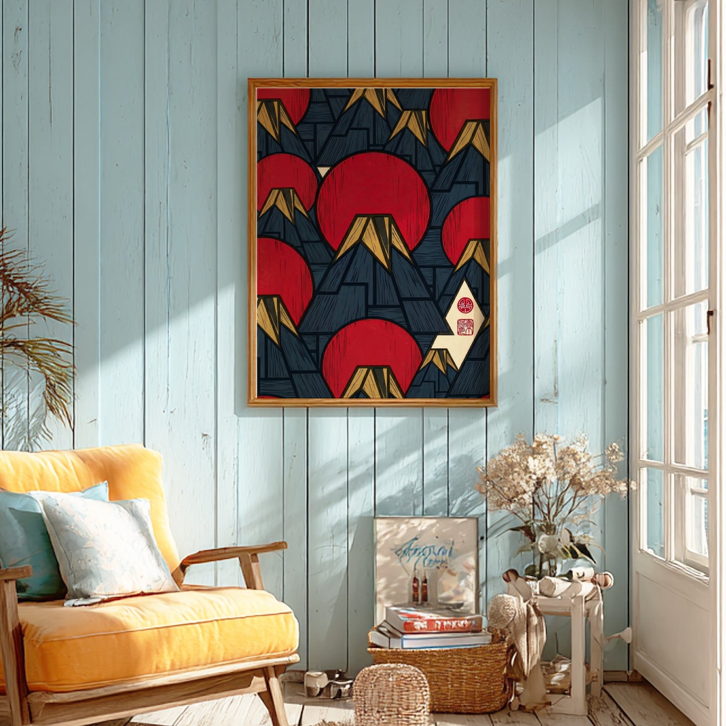 Fuji Sun Pattern poster featuring red suns and mountains in Japanese art style
