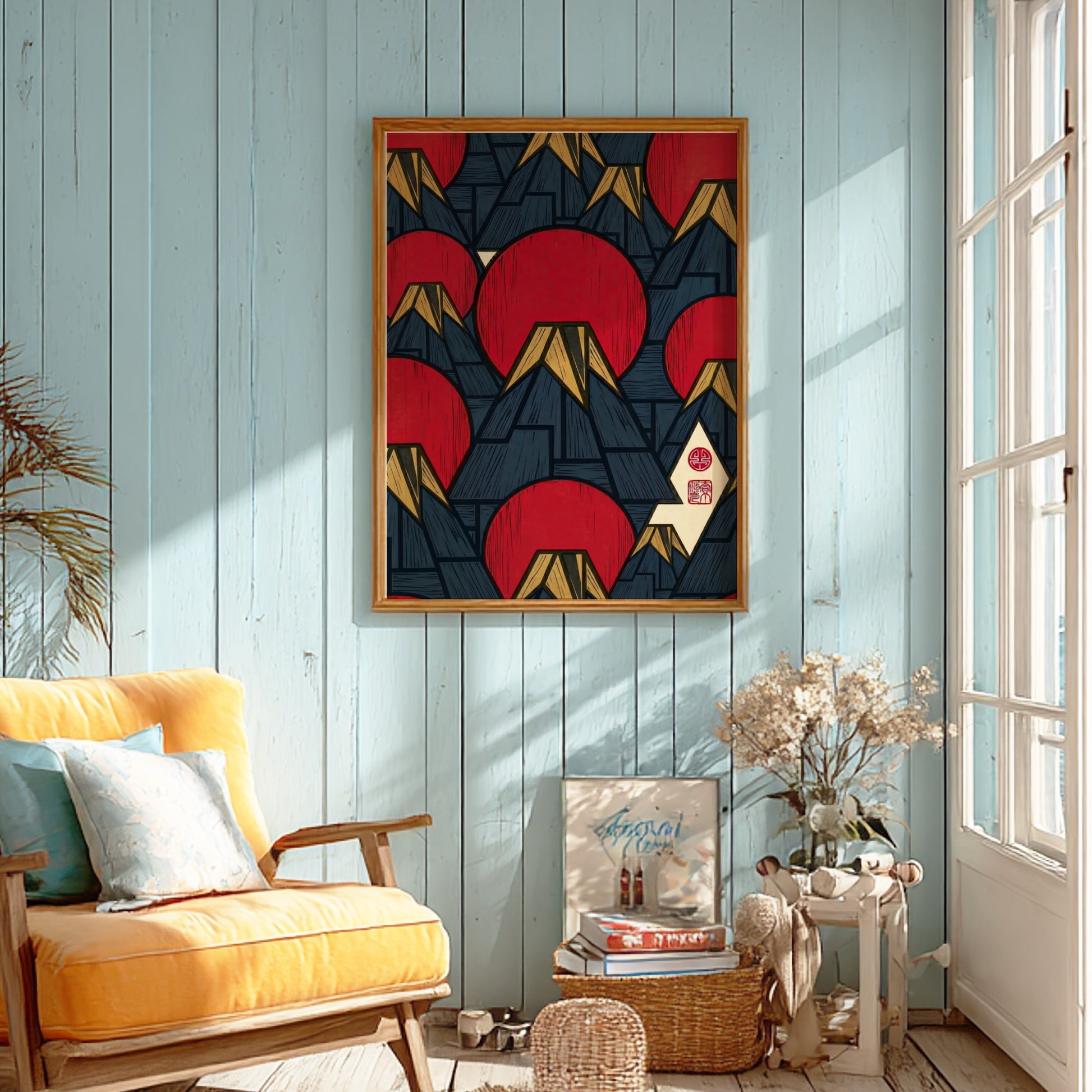 Fuji Sun Pattern poster featuring red suns and mountains in Japanese art style