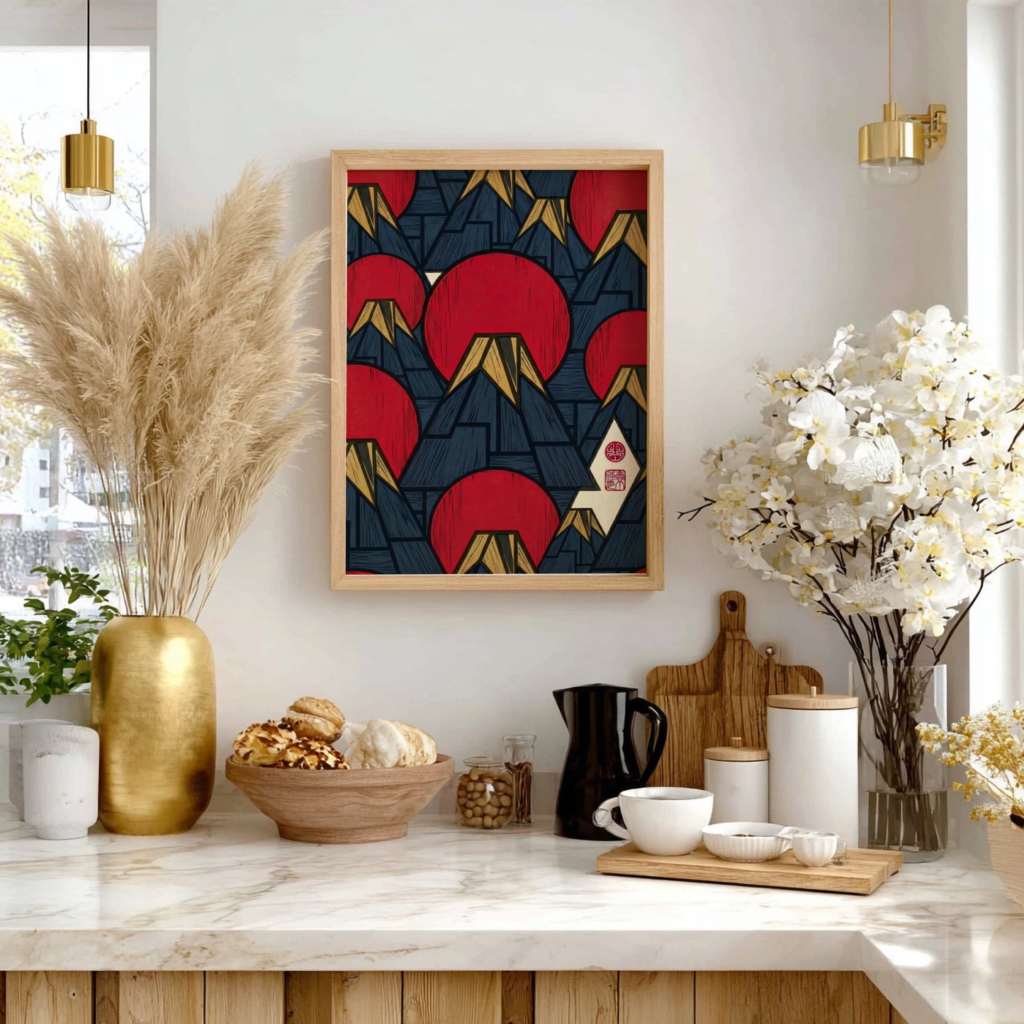 Fuji Sun Pattern poster featuring red suns and mountains in Japanese art style