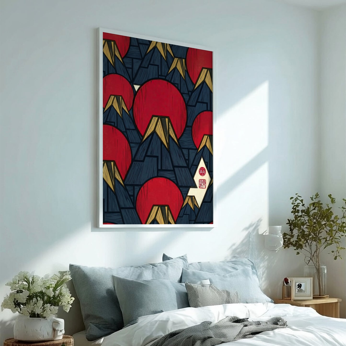 Fuji Sun Pattern poster featuring red suns and mountains in Japanese art style