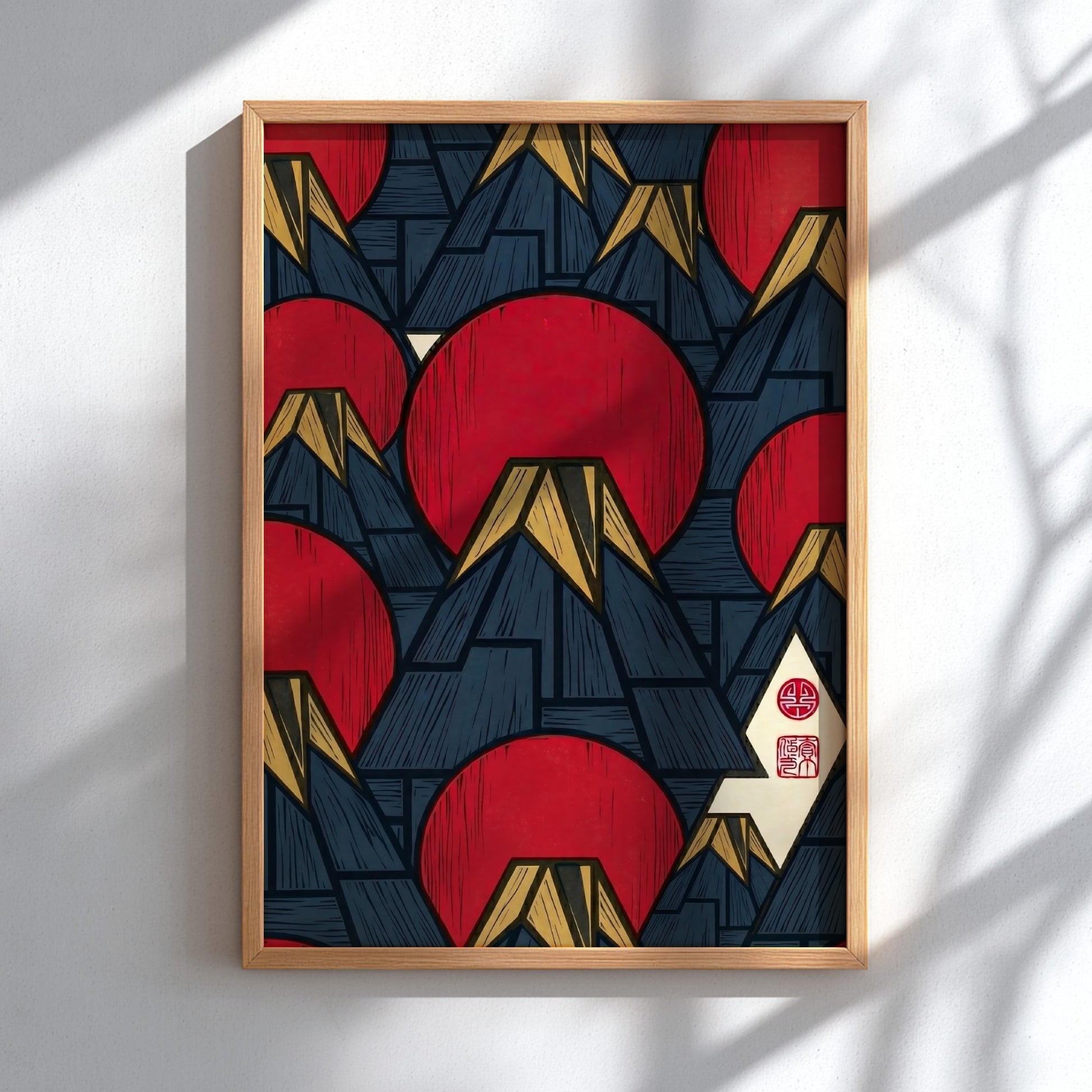 Fuji Sun Pattern poster featuring red suns and mountains in Japanese art style