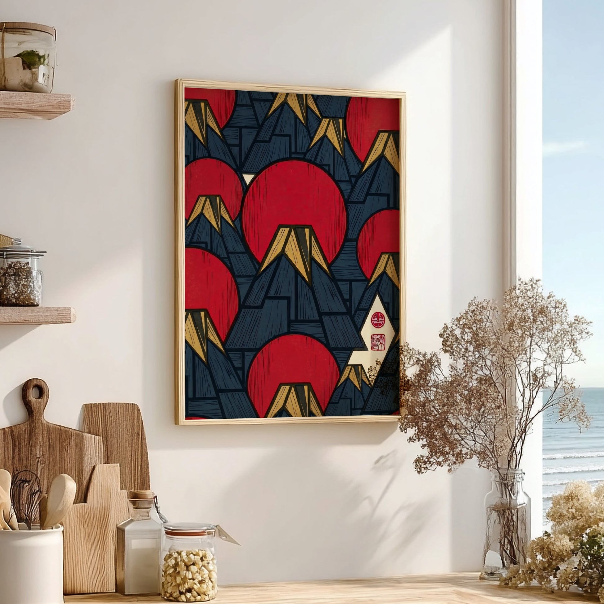 Fuji Sun Pattern poster featuring red suns and mountains in Japanese art style