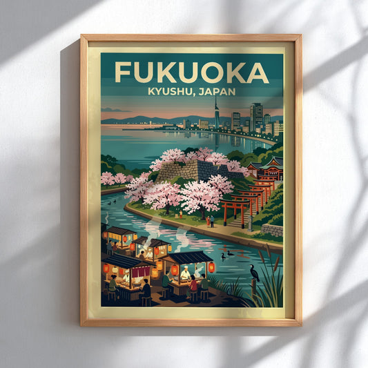 Travel poster of Fukuoka Kyushu Japan featuring a waterfront city, cherry blossoms, and stalls.