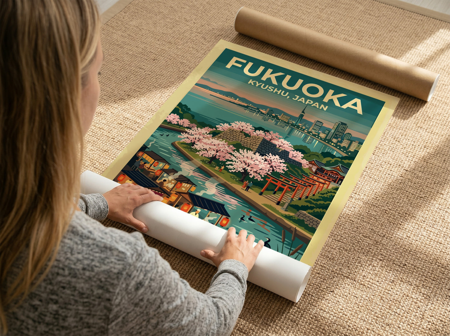 Travel poster of Fukuoka Kyushu Japan featuring a waterfront city, cherry blossoms, and stalls.