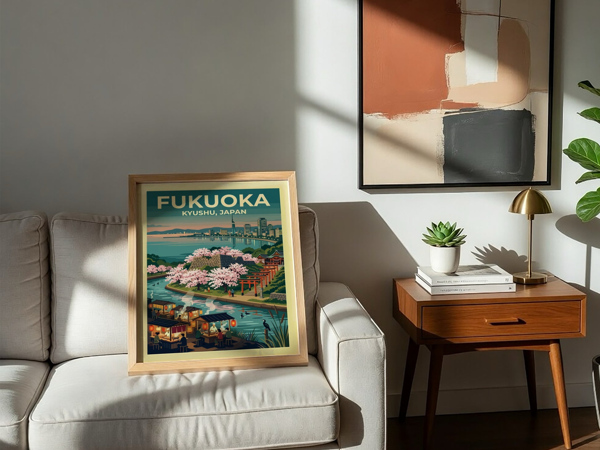 Travel poster of Fukuoka Kyushu Japan featuring a waterfront city, cherry blossoms, and stalls.