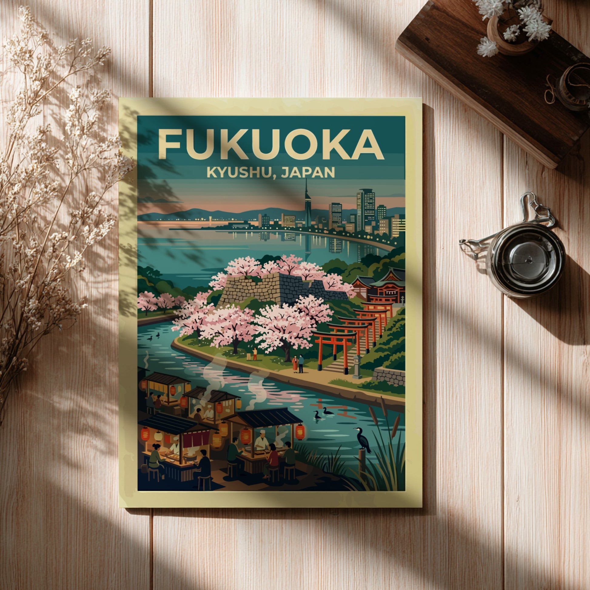 Travel poster of Fukuoka Kyushu Japan featuring a waterfront city, cherry blossoms, and stalls.