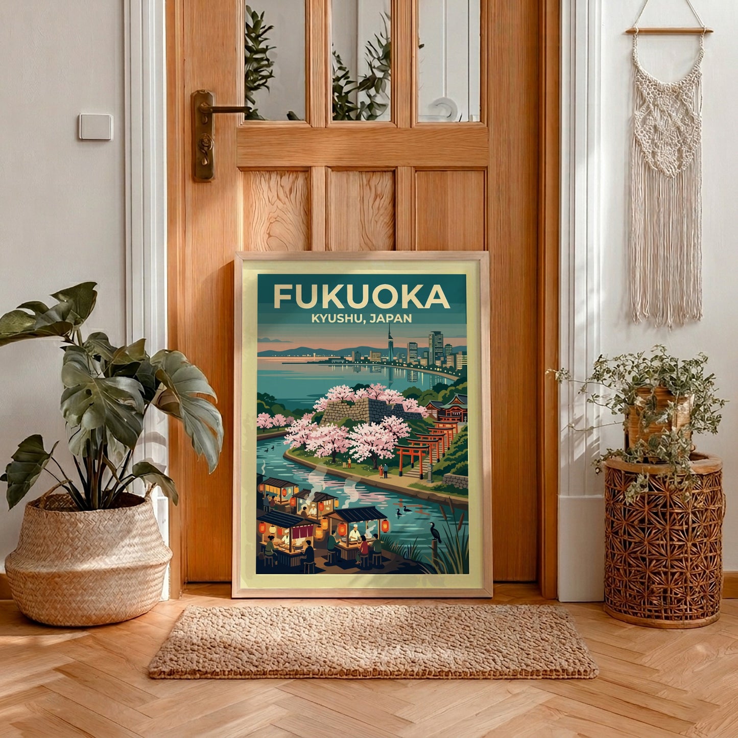 Travel poster of Fukuoka Kyushu Japan featuring a waterfront city, cherry blossoms, and stalls.