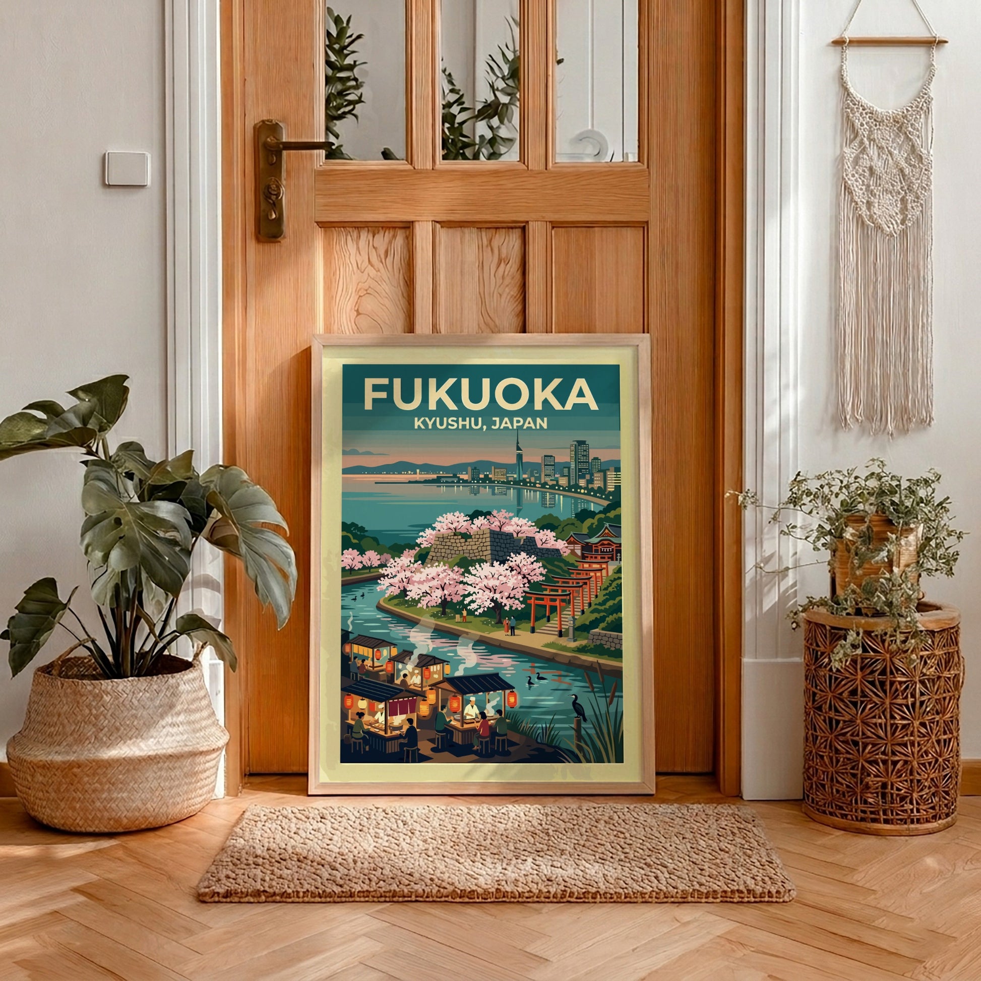 Travel poster of Fukuoka Kyushu Japan featuring a waterfront city, cherry blossoms, and stalls.