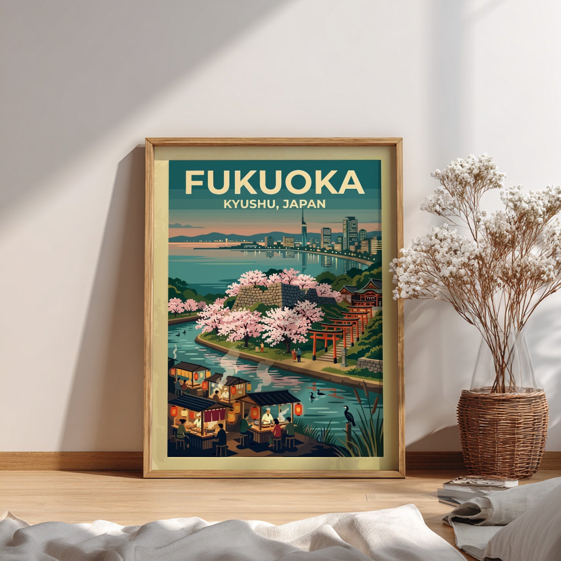 Travel poster of Fukuoka Kyushu Japan featuring a waterfront city, cherry blossoms, and stalls.